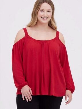 Torrid Crinkle Gauze Lace Trim Cold Shoulder Top Size 3X Red Long Sleeve